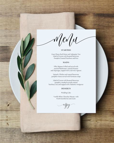 Wedding menu templates and cards .